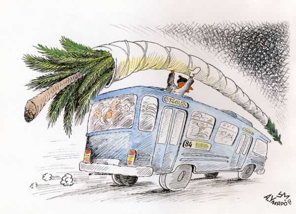 Карикатура: Ёлка на крыше автобуса..., Александр Умяров