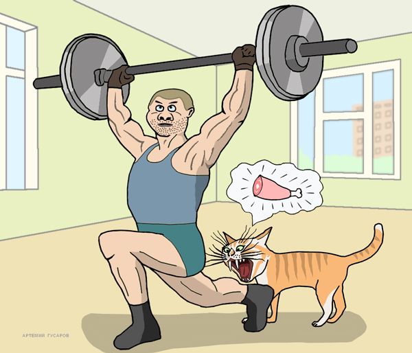 Карикатура: качок Вася и его оголодавший кот Кузя, artemij