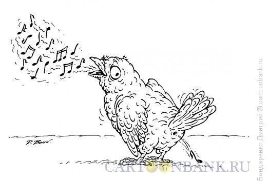 Карикатура: Птичка и нотка (ч/б), Бондаренко Дмитрий