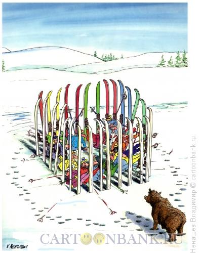 Карикатура: лыжники на природе зимой, Ненашев Владимир