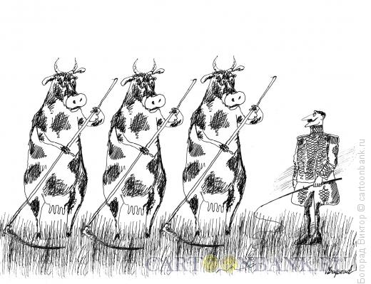 Карикатура: Коровы с косами и дрессировщик, Богорад Виктор