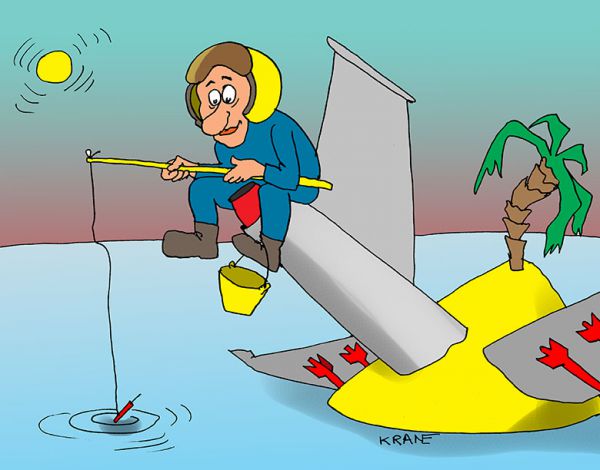 Карикатура: Прилетевший рыбак, Евгений Кран