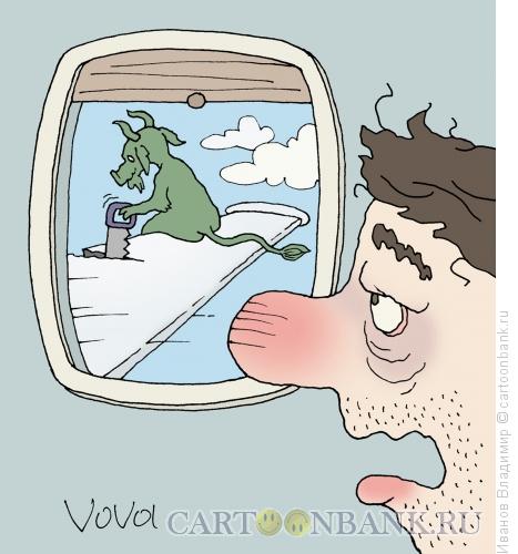 Карикатура: Алкоголик в самолете, Иванов Владимир