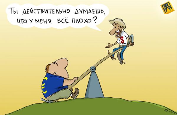 Карикатура: Европа и Америка спасают доллар, A.Merkushev